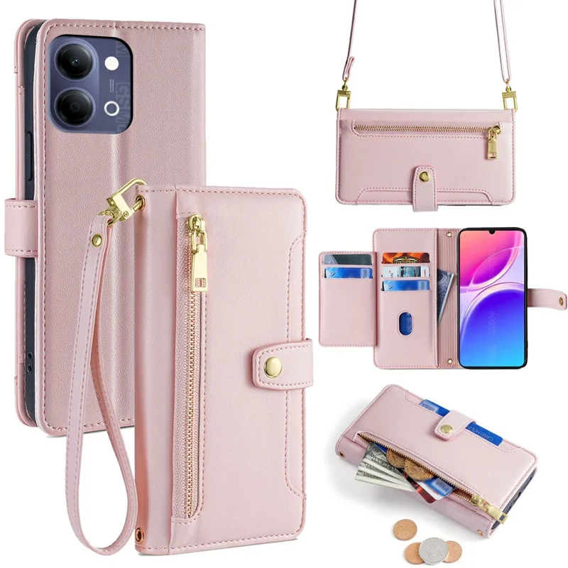 For vivo Y05 4G Leather Case Zipper Pocket Wallet Phone Cover with 2 Straps - Pink