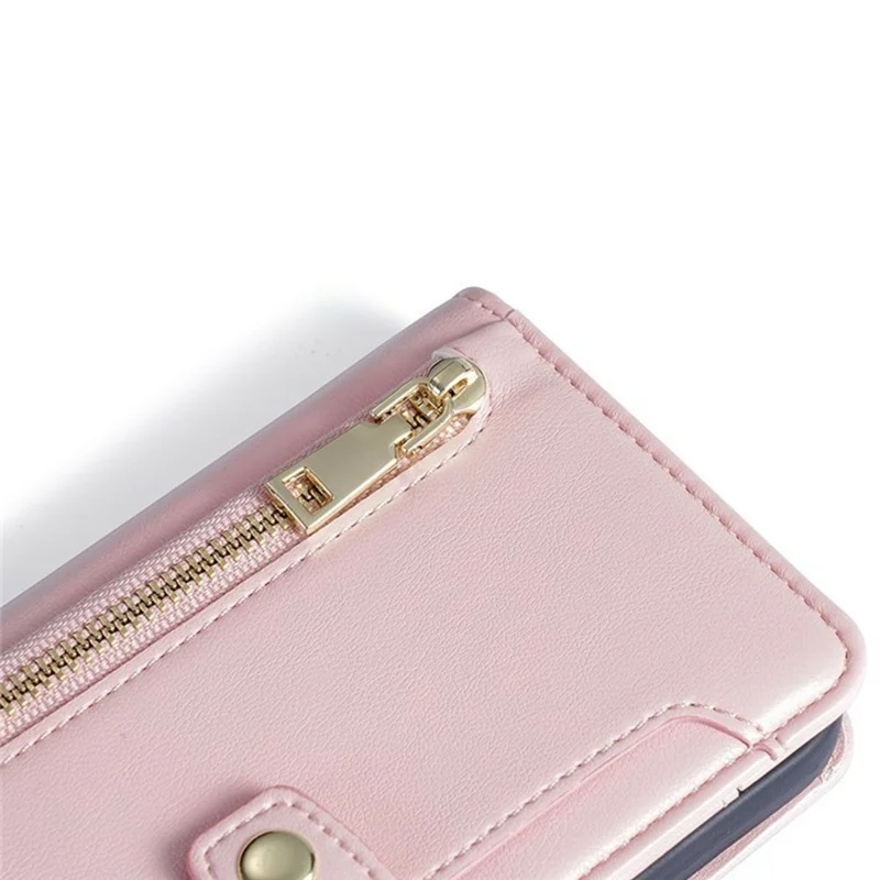 For vivo Y05 4G Leather Case Zipper Pocket Wallet Phone Cover with 2 Straps - Pink