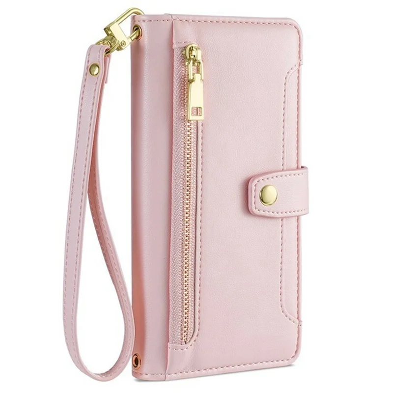For vivo Y05 4G Leather Case Zipper Pocket Wallet Phone Cover with 2 Straps - Pink