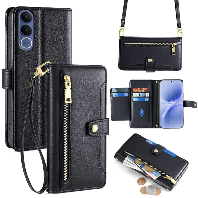For vivo V70 FE 5G Leather Case Zipper Pocket Wallet Phone Cover with 2 Straps - Black