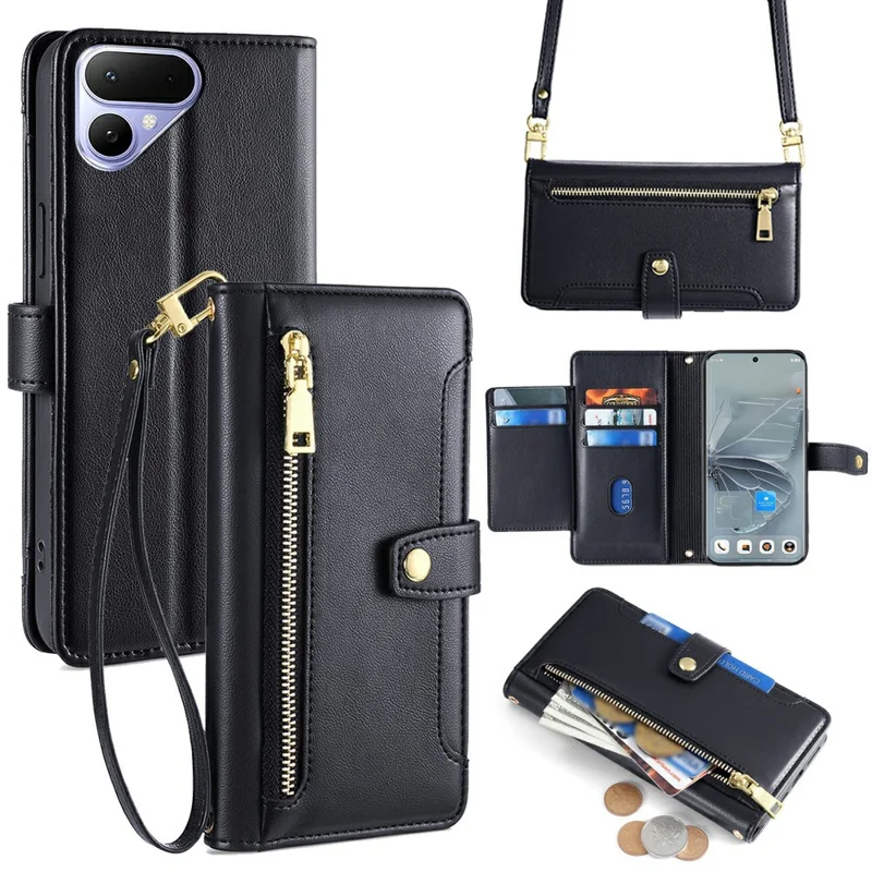 For TECNO Pova Curve 2 5G Leather Case Zipper Pocket Wallet Phone Cover with 2 Straps - Black