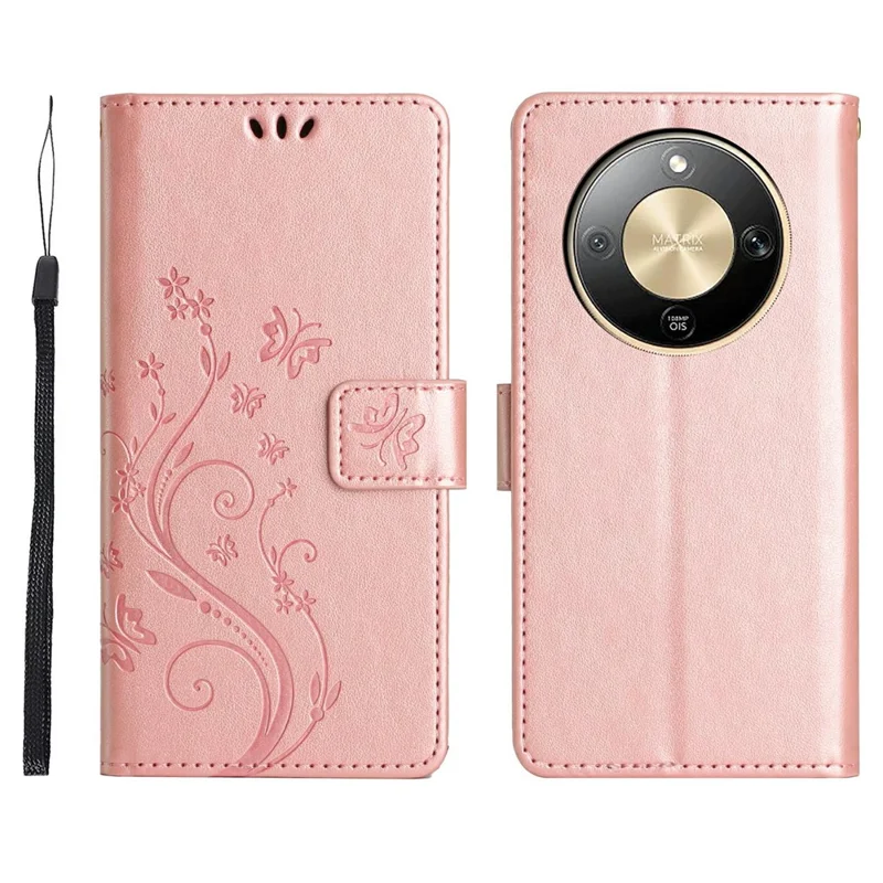 For Honor X70 5G  /  X9d 5G  /  Magic8 Lite 5G Leather Wallet Case Butterfly Flower Imprinted Phone Cover with Strap - Rose Gold