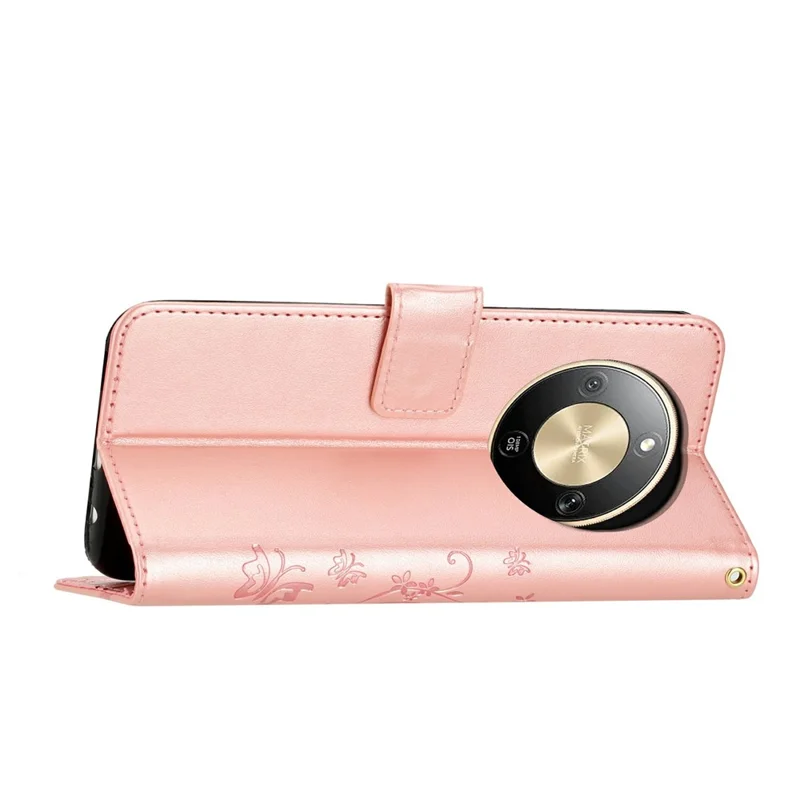 For Honor X70 5G  /  X9d 5G  /  Magic8 Lite 5G Leather Wallet Case Butterfly Flower Imprinted Phone Cover with Strap - Rose Gold