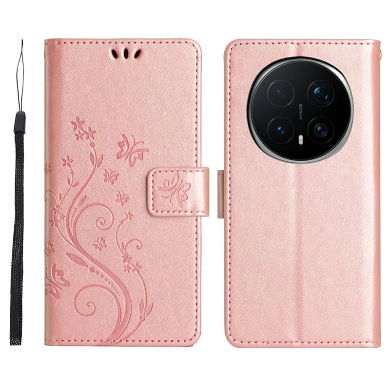 For Honor Magic8 Pro 5G Leather Wallet Case Butterfly Flower Imprinted Phone Cover with Strap - Rose Gold