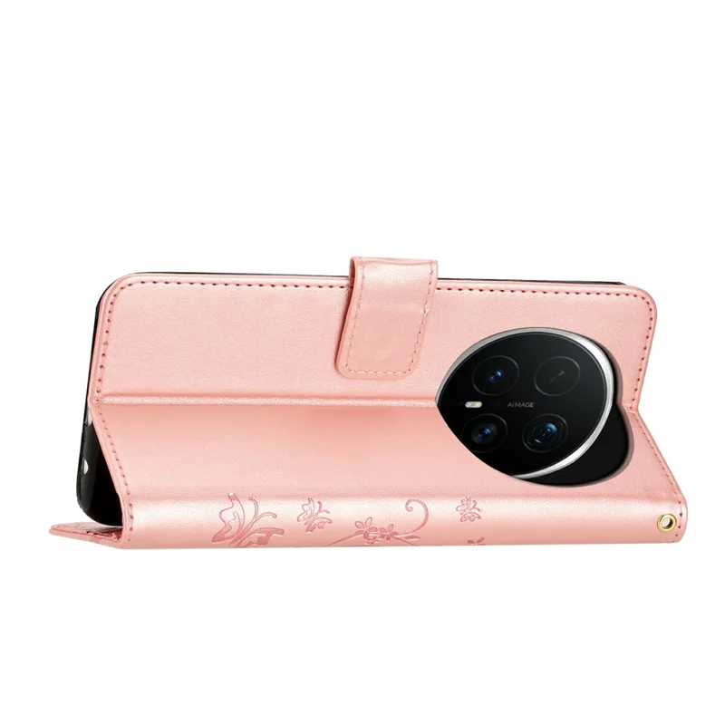 For Honor Magic8 Pro 5G Leather Wallet Case Butterfly Flower Imprinted Phone Cover with Strap - Rose Gold