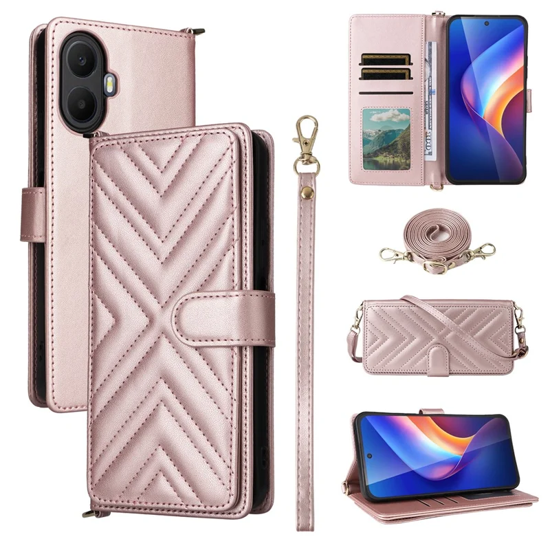 Cover per TCL K70 5G in Pelle con Supporto, Portafoglio e Cinghia a Spalla/da Polso - Rosa