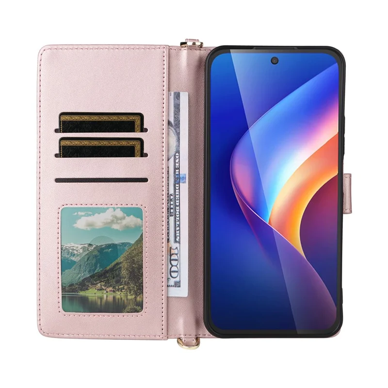 Cover per TCL K70 5G in Pelle con Supporto, Portafoglio e Cinghia a Spalla/da Polso - Rosa