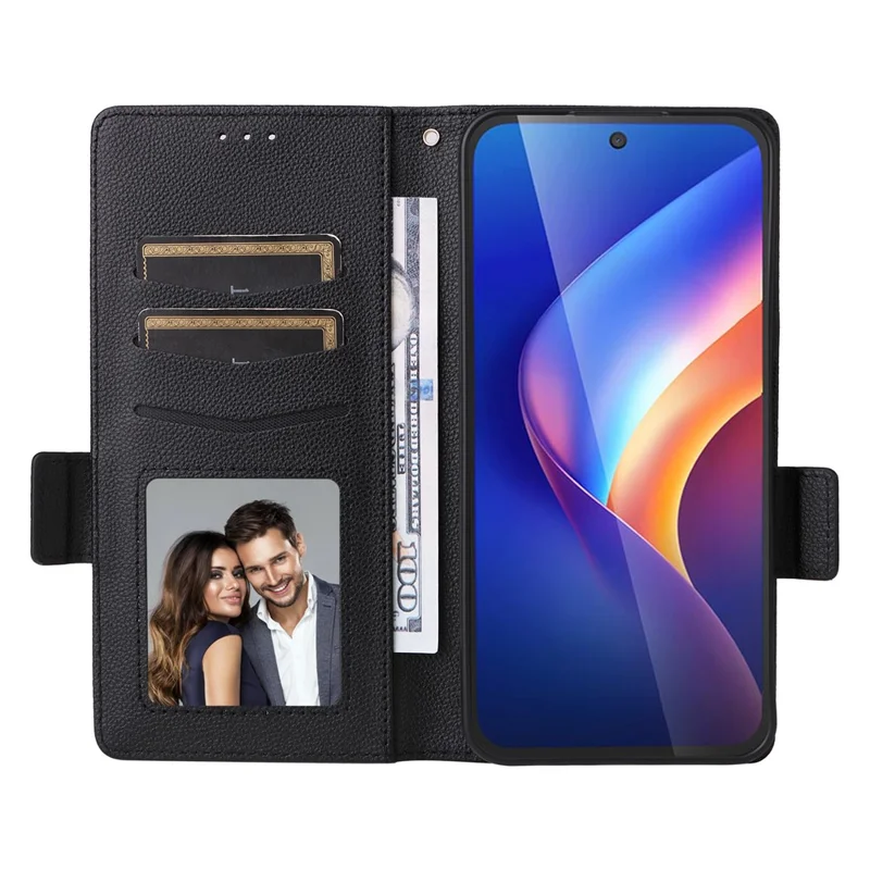 Cover per TCL K70 5G con Portafoglio in Pelle Effetto Litchi con Cinturino da Polso - Nero