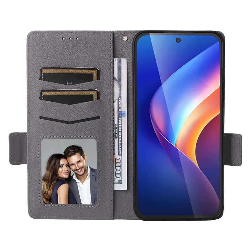 For TCL K70 5G Case Litchi Texture Wallet Leather Phone Cover with Wrist Strap - Grey