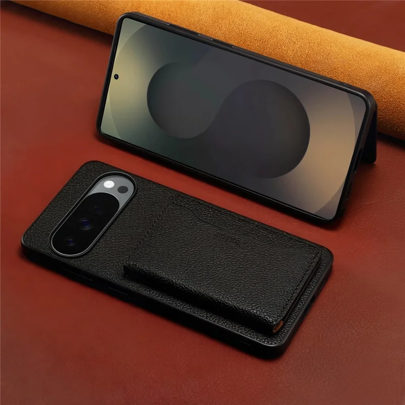 DENIOR D30 For Google Pixel 10 / 10 Pro Magnetic Case Detachable Card Holder Kickstand Litchi Texture Leather Back Phone Cover - Black