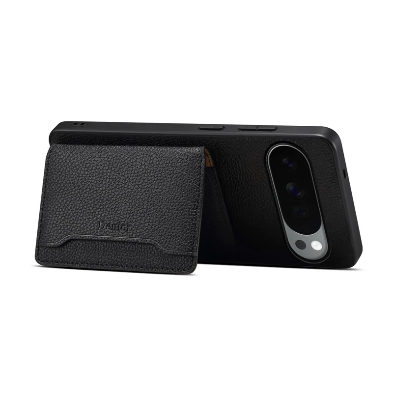 DENIOR D30 For Google Pixel 10 / 10 Pro Magnetic Case Detachable Card Holder Kickstand Litchi Texture Leather Back Phone Cover - Black