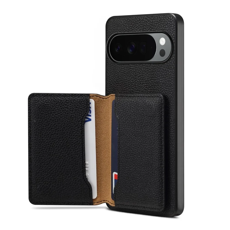 DENIOR D30 For Google Pixel 10 / 10 Pro Magnetic Case Detachable Card Holder Kickstand Litchi Texture Leather Back Phone Cover - Black