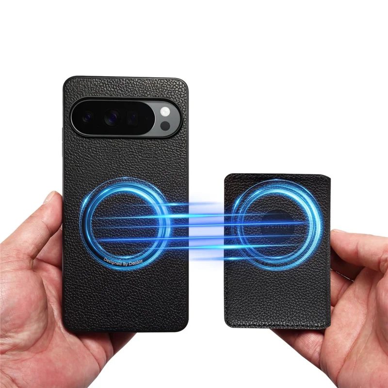 DENIOR D30 For Google Pixel 10 / 10 Pro Magnetic Case Detachable Card Holder Kickstand Litchi Texture Leather Back Phone Cover - Black