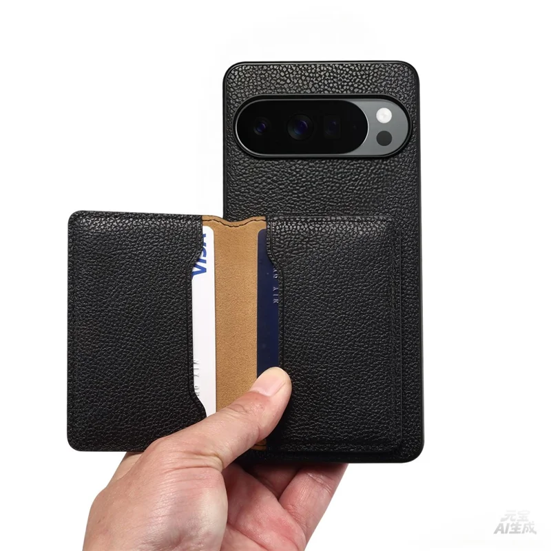 DENIOR D30 For Google Pixel 10 / 10 Pro Magnetic Case Detachable Card Holder Kickstand Litchi Texture Leather Back Phone Cover - Black