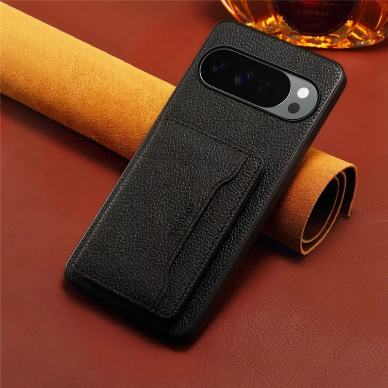 DENIOR D30 For Google Pixel 10 / 10 Pro Magnetic Case Detachable Card Holder Kickstand Litchi Texture Leather Back Phone Cover - Black