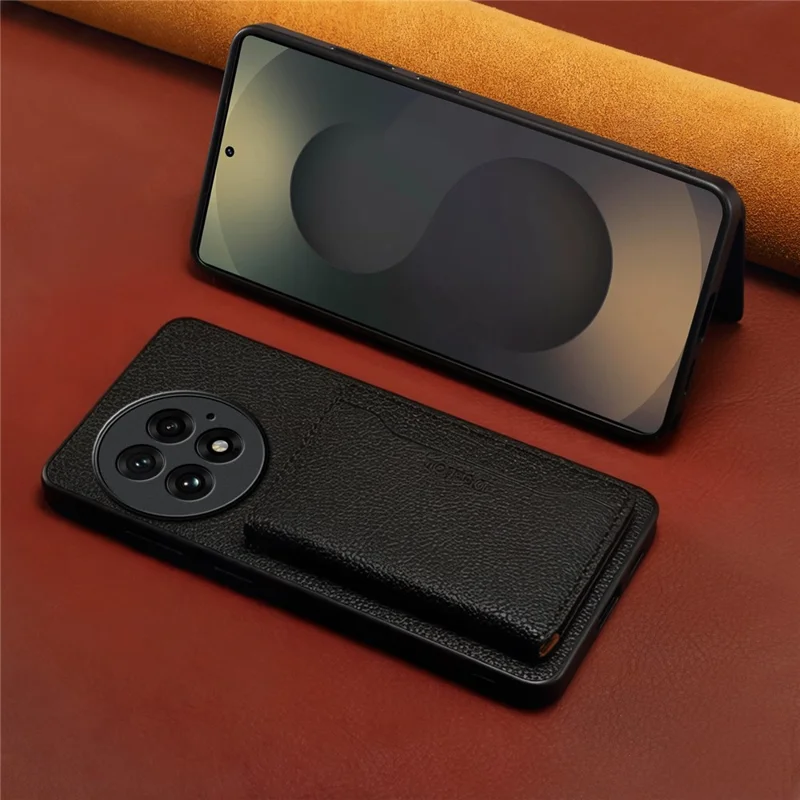 DENIOR D30 For OnePlus 13 Magnetic Case Detachable Card Holder Kickstand Litchi Texture Leather Back Phone Cover - Black