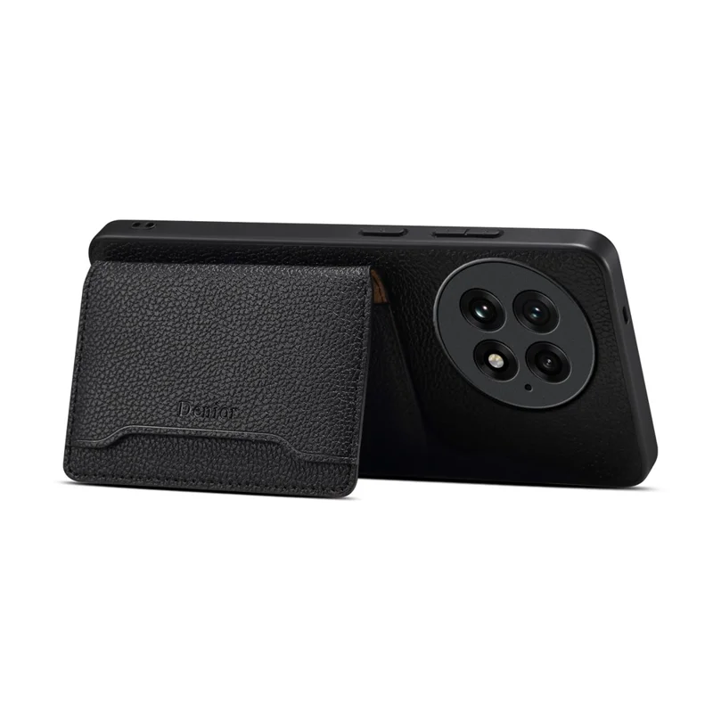 DENIOR D30 For OnePlus 13 Magnetic Case Detachable Card Holder Kickstand Litchi Texture Leather Back Phone Cover - Black