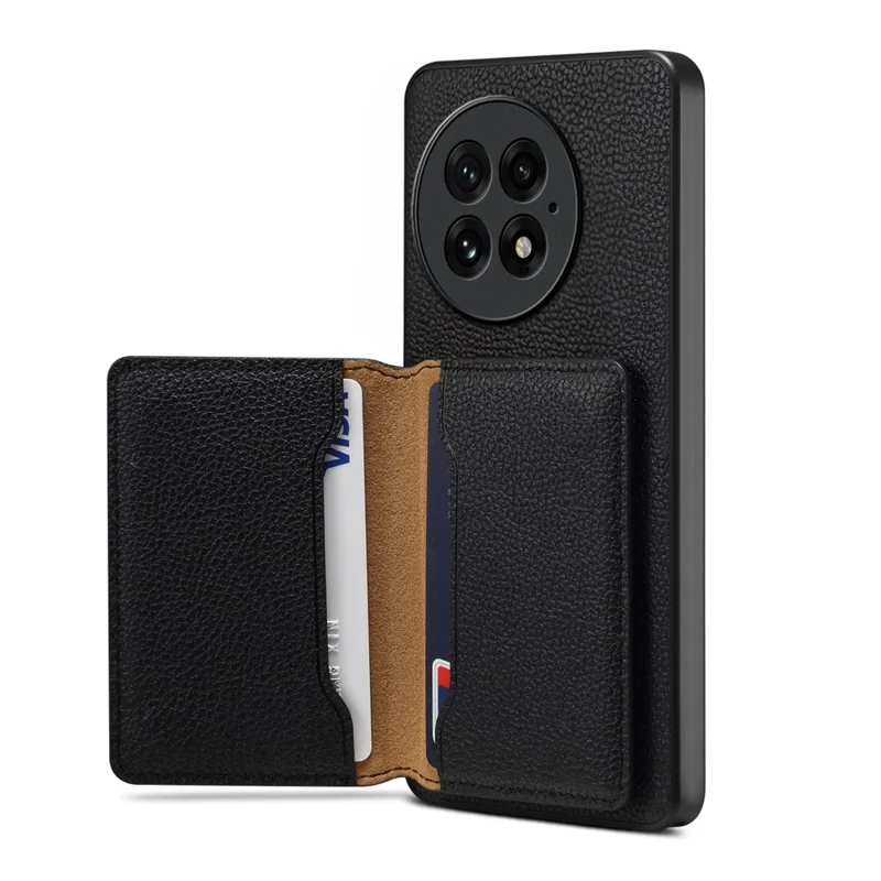 DENIOR D30 For OnePlus 13 Magnetic Case Detachable Card Holder Kickstand Litchi Texture Leather Back Phone Cover - Black