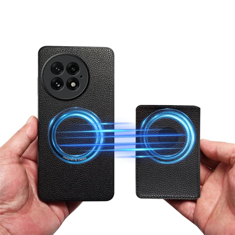 DENIOR D30 For OnePlus 13 Magnetic Case Detachable Card Holder Kickstand Litchi Texture Leather Back Phone Cover - Black