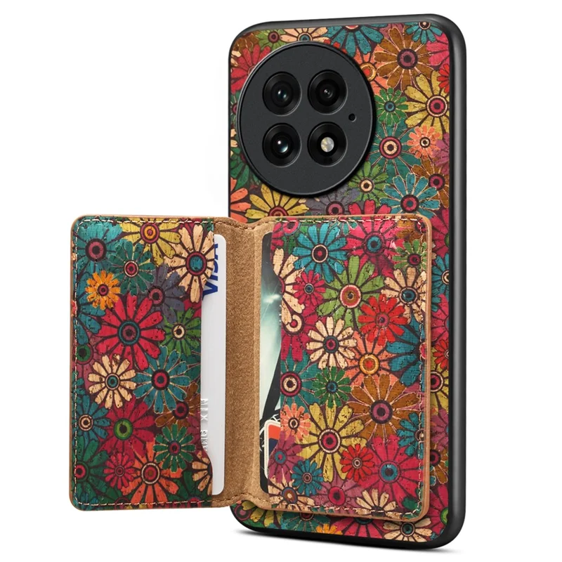 For OnePlus 13 Magnetisk Taske Blomsterdesign PU Læder TPU Telefonbeskytning med Aftagelig Kortholder - Grøn