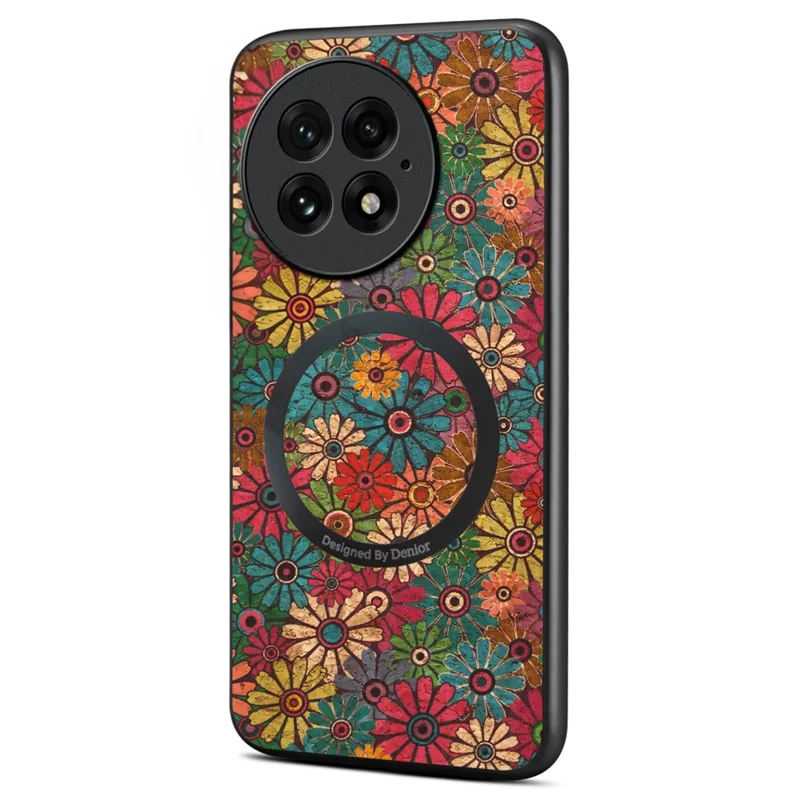 For OnePlus 13 Magnetisk Taske Blomsterdesign PU Læder TPU Telefonbeskytning med Aftagelig Kortholder - Grøn