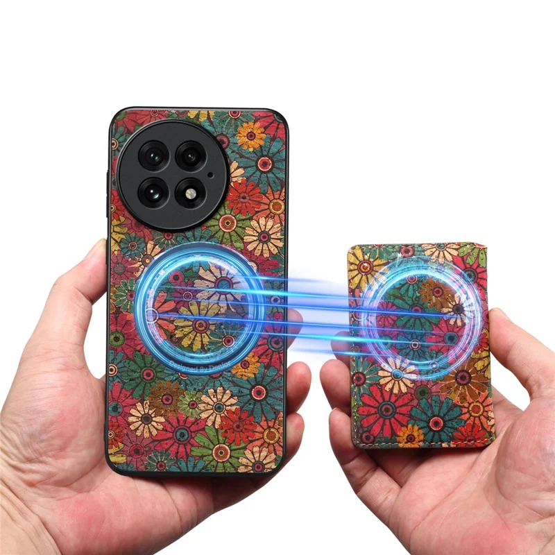 For OnePlus 13 Magnetisk Taske Blomsterdesign PU Læder TPU Telefonbeskytning med Aftagelig Kortholder - Grøn