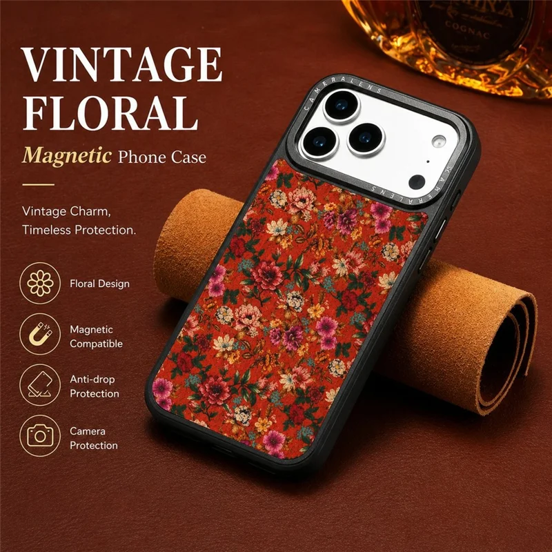 Funda magnética para iPhone 17 Pro Max con diseño floral de cuero PU, carcasa PC TPU resistente a impactos - Rojo