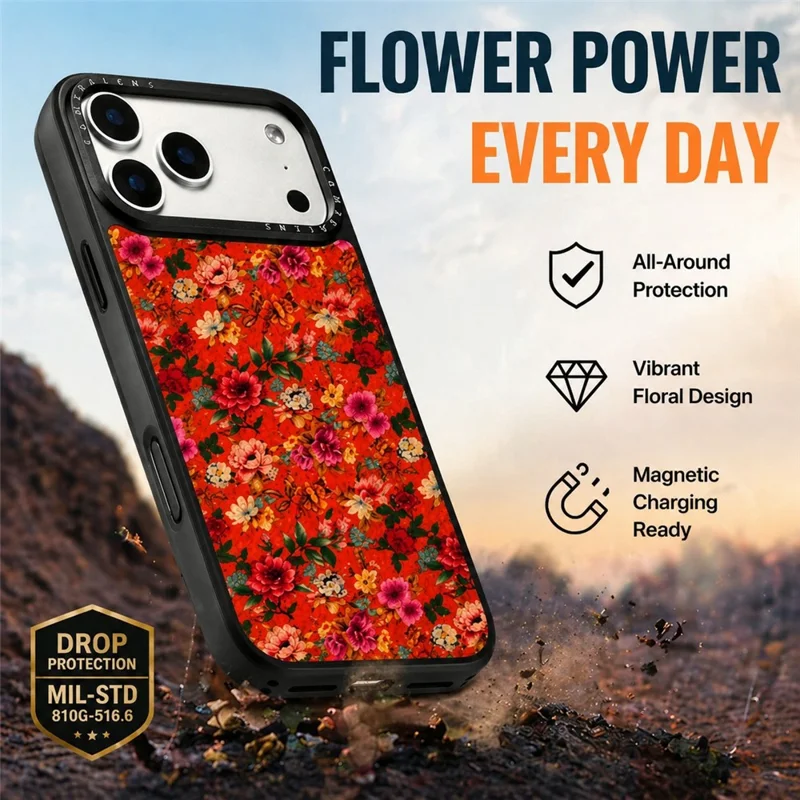 Funda magnética para iPhone 17 Pro Max con diseño floral de cuero PU, carcasa PC TPU resistente a impactos - Rojo