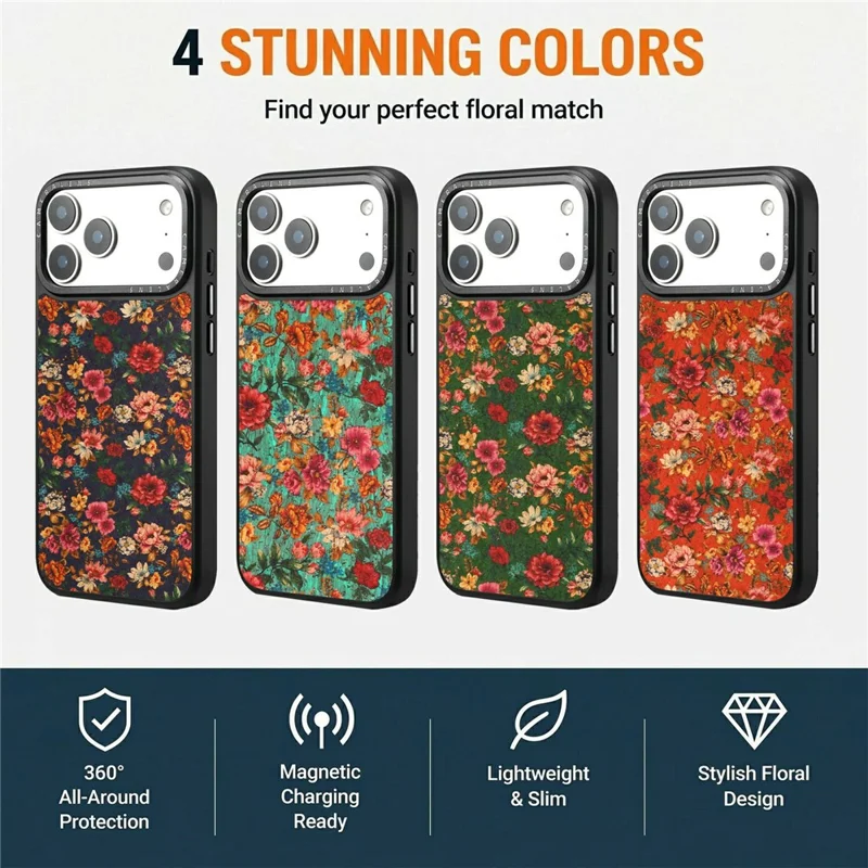 Funda magnética para iPhone 17 Pro Max con diseño floral de cuero PU, carcasa PC TPU resistente a impactos - Rojo