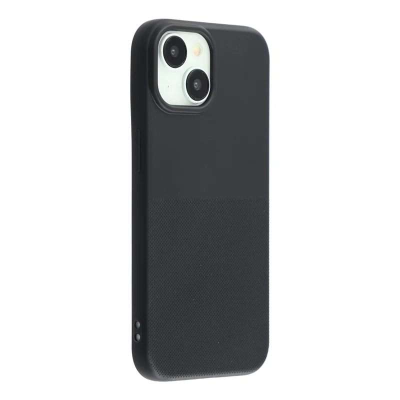 For iPhone 15 Phone Case Dotted Texture Fiber Lining TPU Shockproof Cover  (Big Lens Hole) - Black
