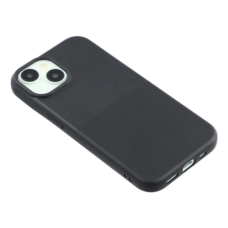 For iPhone 15 Phone Case Dotted Texture Fiber Lining TPU Shockproof Cover  (Big Lens Hole) - Black