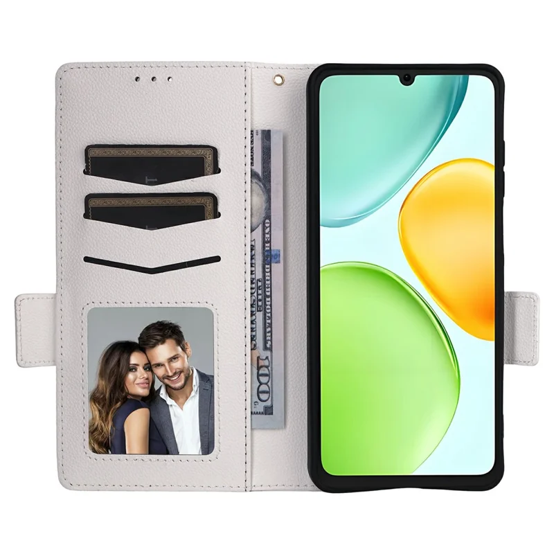 For Honor X6d 5G / Play 60A 5G Case Litchi Texture Wallet Leather Phone Cover with Wrist Strap - White
