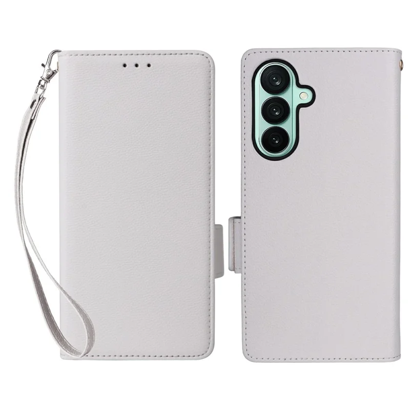 Capa para Samsung Galaxy A27 com Textura de Litchi, Carteira em Couro, com Alça de Pulso - Branco