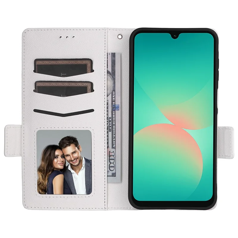 Capa para Samsung Galaxy A27 com Textura de Litchi, Carteira em Couro, com Alça de Pulso - Branco