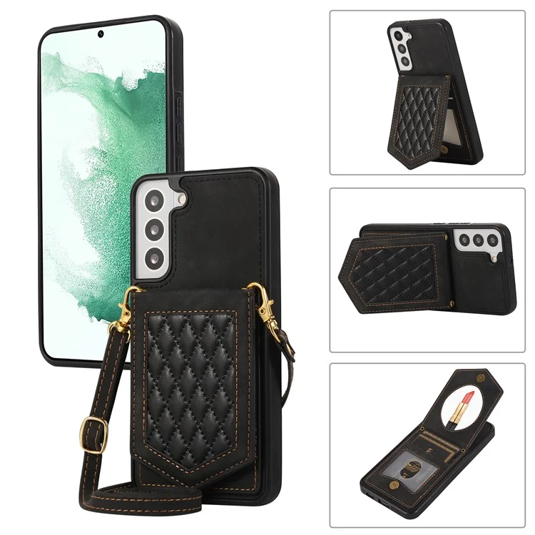 For Samsung Galaxy S23 Imprinted PU Leather Coated TPU Kickstand Case RFID Blocking Card Holder Mirror Anti-drop Phone Cover with Shoulder Strap - Black