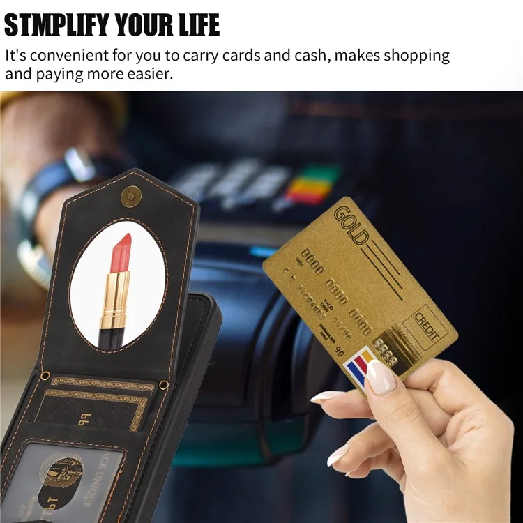 For Samsung Galaxy S23 Imprinted PU Leather Coated TPU Kickstand Case RFID Blocking Card Holder Mirror Anti-drop Phone Cover with Shoulder Strap - Black