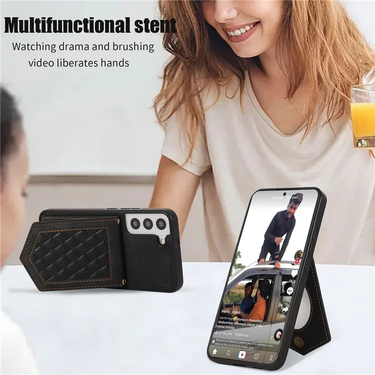 For Samsung Galaxy S23 Imprinted PU Leather Coated TPU Kickstand Case RFID Blocking Card Holder Mirror Anti-drop Phone Cover with Shoulder Strap - Black