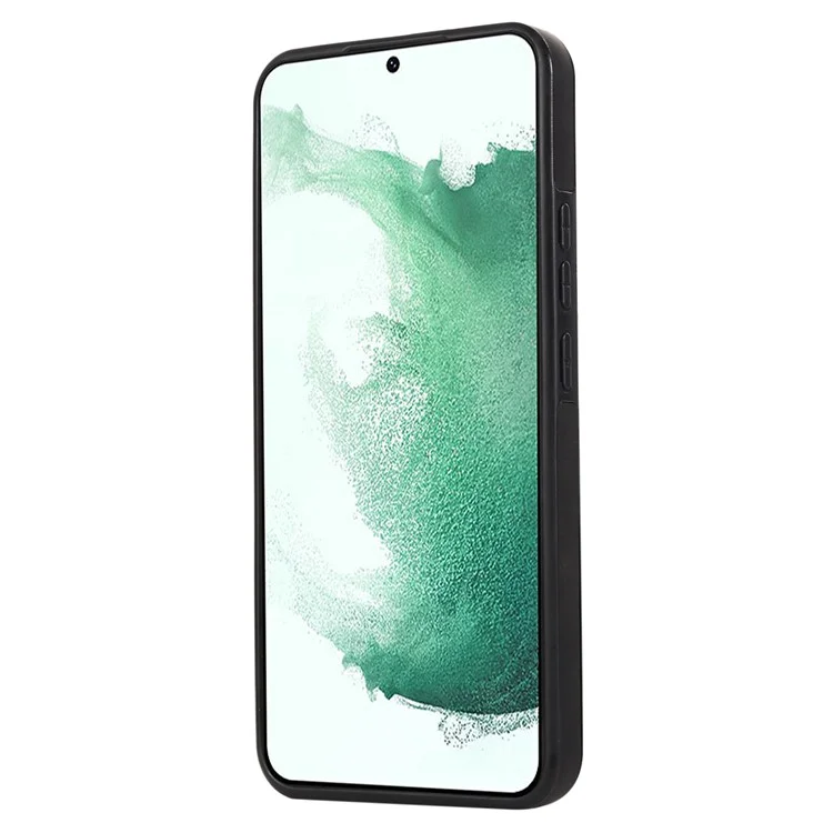 For Samsung Galaxy S23 Imprinted PU Leather Coated TPU Kickstand Case RFID Blocking Card Holder Mirror Anti-drop Phone Cover with Shoulder Strap - Black