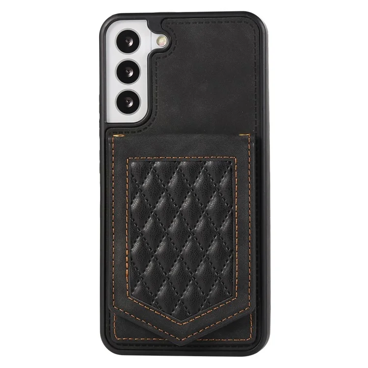 For Samsung Galaxy S23 Imprinted PU Leather Coated TPU Kickstand Case RFID Blocking Card Holder Mirror Anti-drop Phone Cover with Shoulder Strap - Black