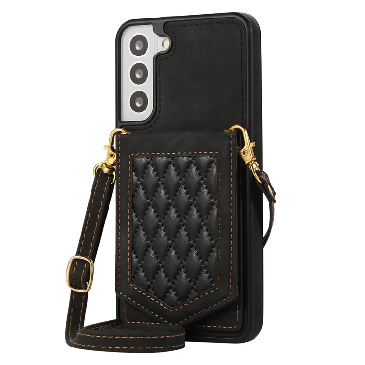 For Samsung Galaxy S23 Imprinted PU Leather Coated TPU Kickstand Case RFID Blocking Card Holder Mirror Anti-drop Phone Cover with Shoulder Strap - Black