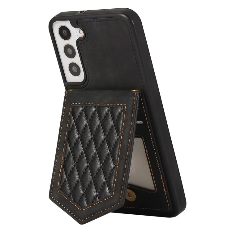 For Samsung Galaxy S23 Imprinted PU Leather Coated TPU Kickstand Case RFID Blocking Card Holder Mirror Anti-drop Phone Cover with Shoulder Strap - Black