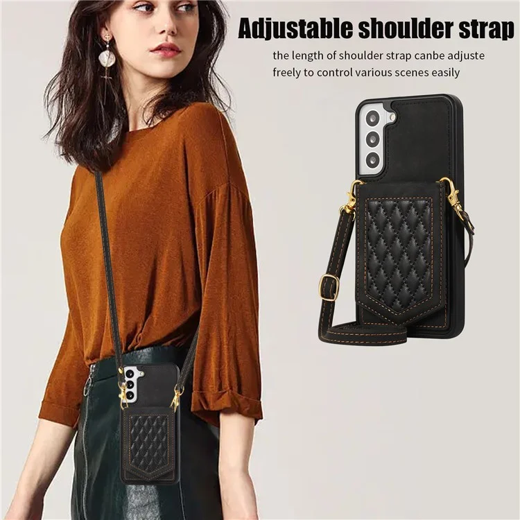 For Samsung Galaxy S23 Imprinted PU Leather Coated TPU Kickstand Case RFID Blocking Card Holder Mirror Anti-drop Phone Cover with Shoulder Strap - Black