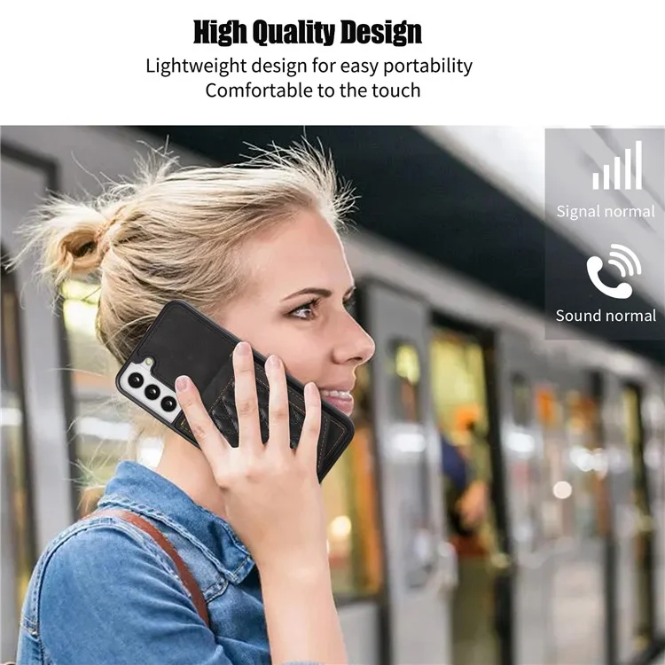 For Samsung Galaxy S23 Imprinted PU Leather Coated TPU Kickstand Case RFID Blocking Card Holder Mirror Anti-drop Phone Cover with Shoulder Strap - Black