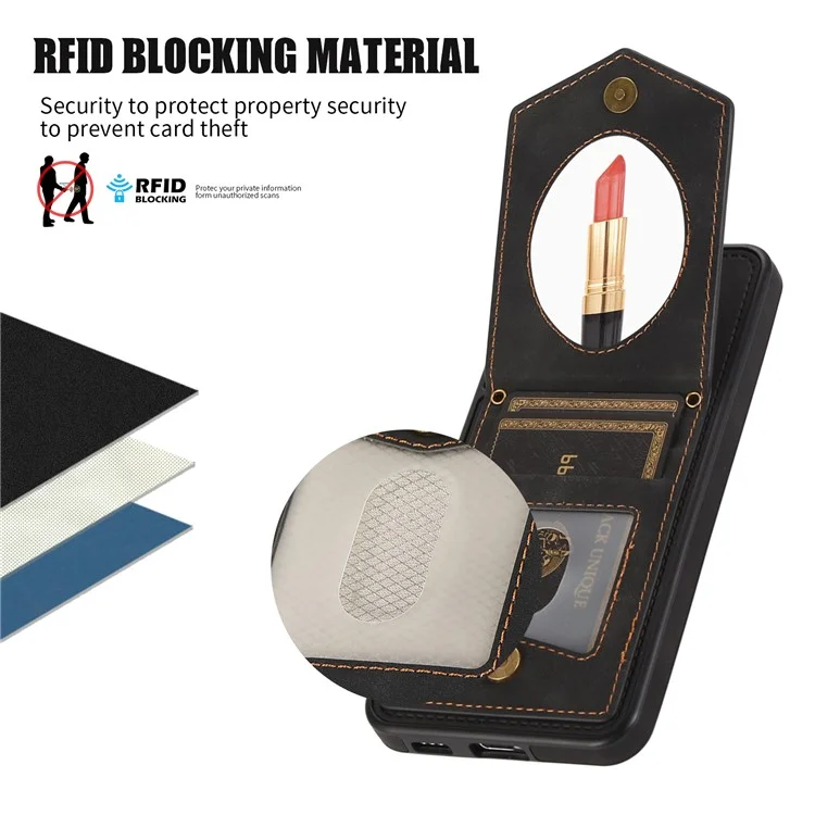 For Samsung Galaxy S23 Imprinted PU Leather Coated TPU Kickstand Case RFID Blocking Card Holder Mirror Anti-drop Phone Cover with Shoulder Strap - Black