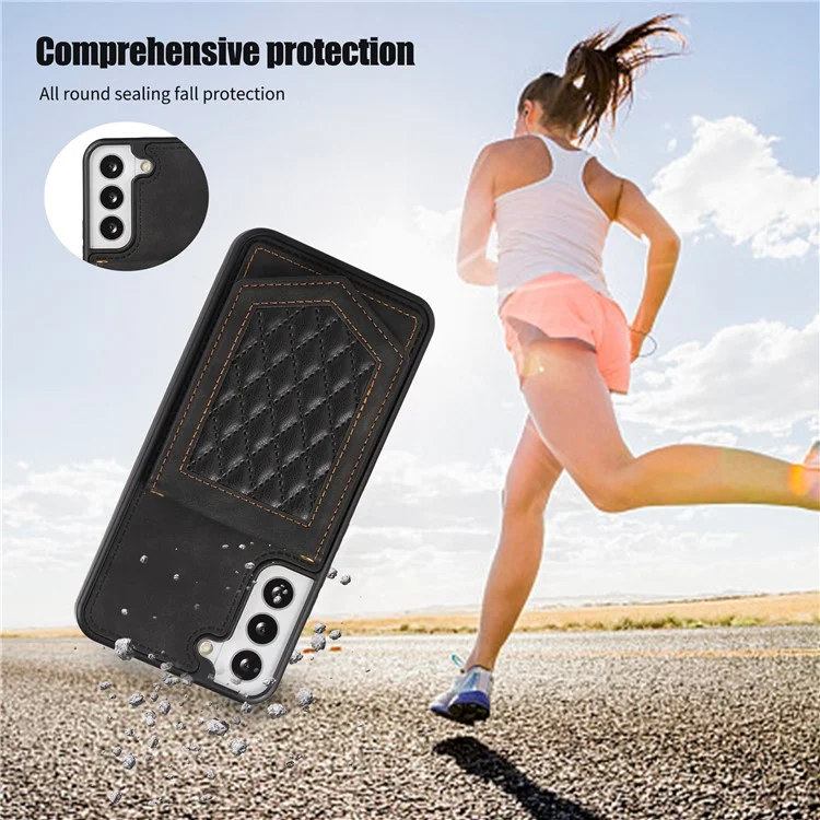 For Samsung Galaxy S23 Imprinted PU Leather Coated TPU Kickstand Case RFID Blocking Card Holder Mirror Anti-drop Phone Cover with Shoulder Strap - Black