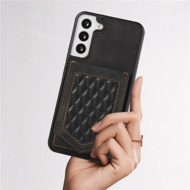 For Samsung Galaxy S23 Imprinted PU Leather Coated TPU Kickstand Case RFID Blocking Card Holder Mirror Anti-drop Phone Cover with Shoulder Strap - Black