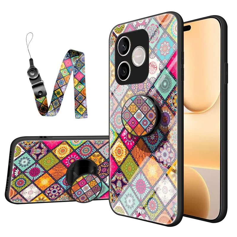 For Honor 600 Lite 5G Phone Case Kickstand Ethnic Pattern Tempered Glass Phone Cover with Strap - Checkered Pattern -  Color Pattern