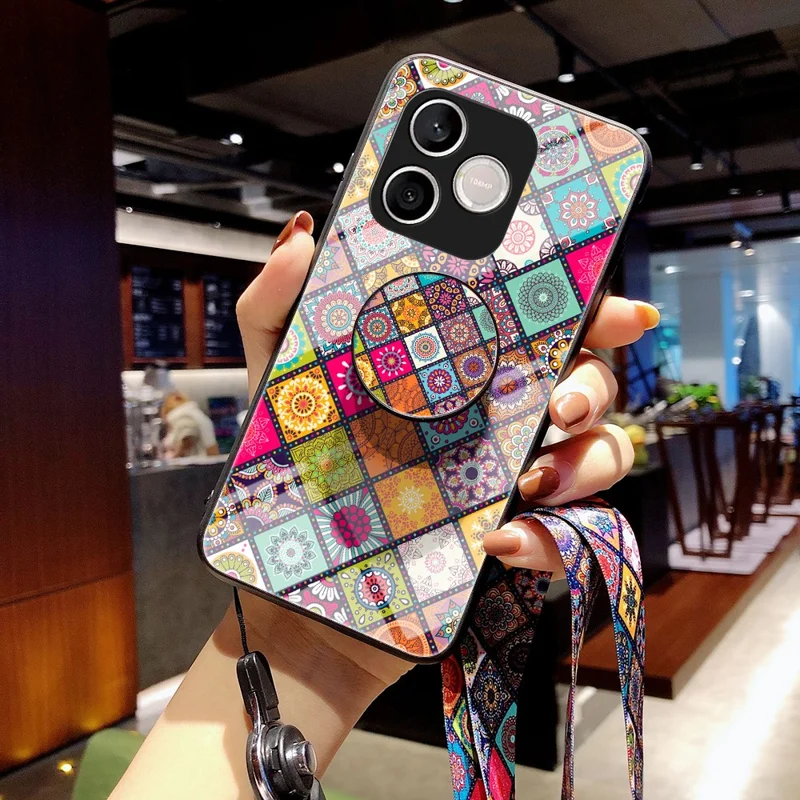 For Honor 600 Lite 5G Phone Case Kickstand Ethnic Pattern Tempered Glass Phone Cover with Strap - Checkered Pattern -  Color Pattern