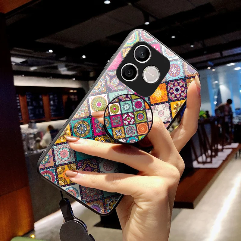 For Honor 600 Lite 5G Phone Case Kickstand Ethnic Pattern Tempered Glass Phone Cover with Strap - Checkered Pattern -  Color Pattern