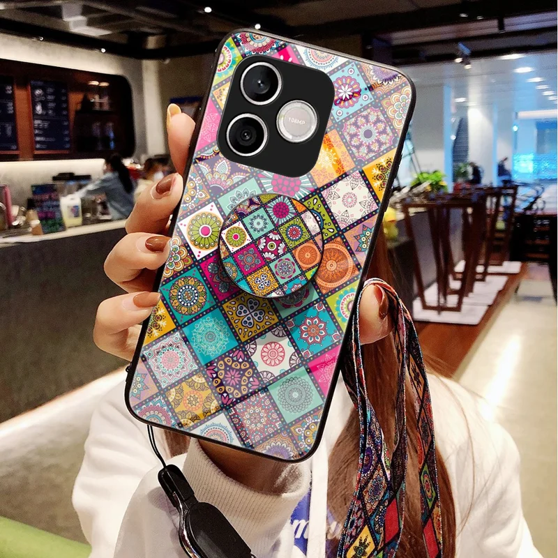 For Honor 600 Lite 5G Phone Case Kickstand Ethnic Pattern Tempered Glass Phone Cover with Strap - Checkered Pattern -  Color Pattern